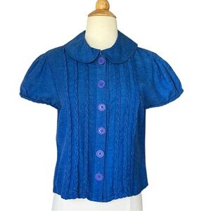 PERSAMAN New York Cobalt Blue Short Puff Sleeve Linen Blend Top, Size Medium